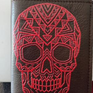 Brown Leather Wallet with Red Skull Design